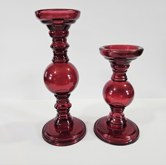 Vintage Large Tall Red Cranberry Blown Glass Pedestal Candle Holders Set of Two